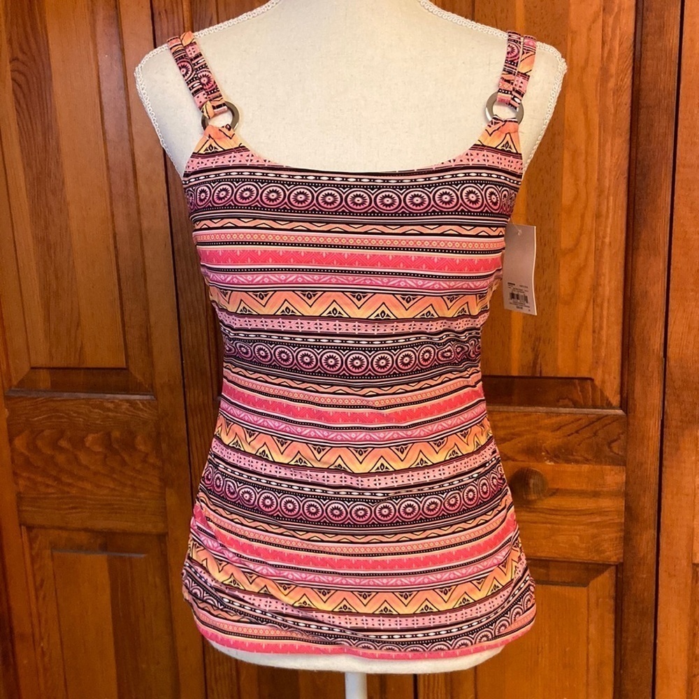 Croft & Barrow Pink Striped Side Shirred Misses Tankini W/Rings NWT Sz S (6-8)